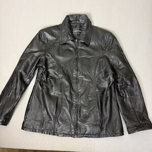 Leather Works Genuine Leather Black Zip Front Jacket Women’s Patchwork Style